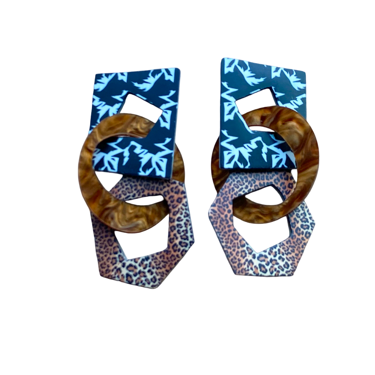 Pair of earrings with leopard print and black geometric .