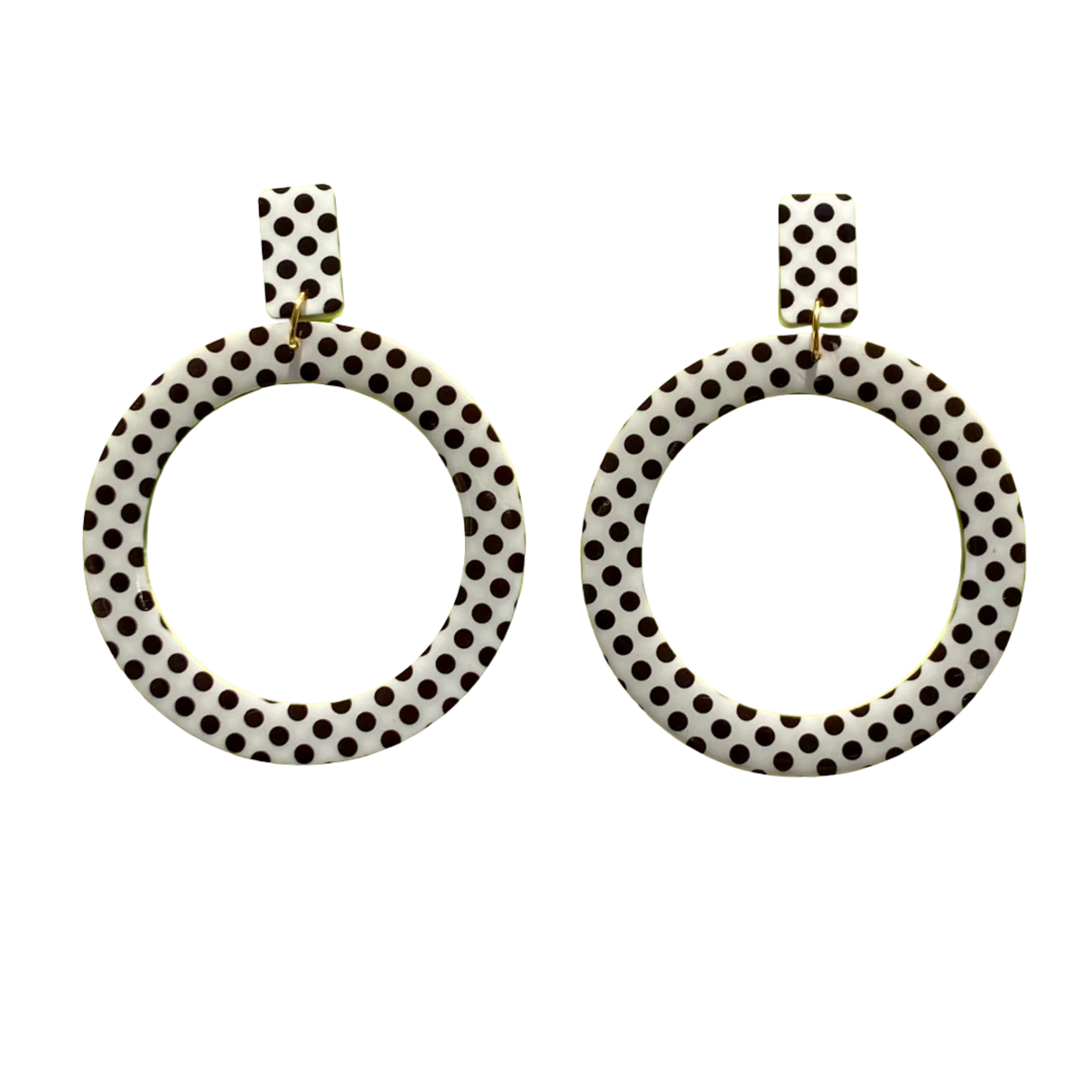 Pair of circular earrings with black polka dot pattern.