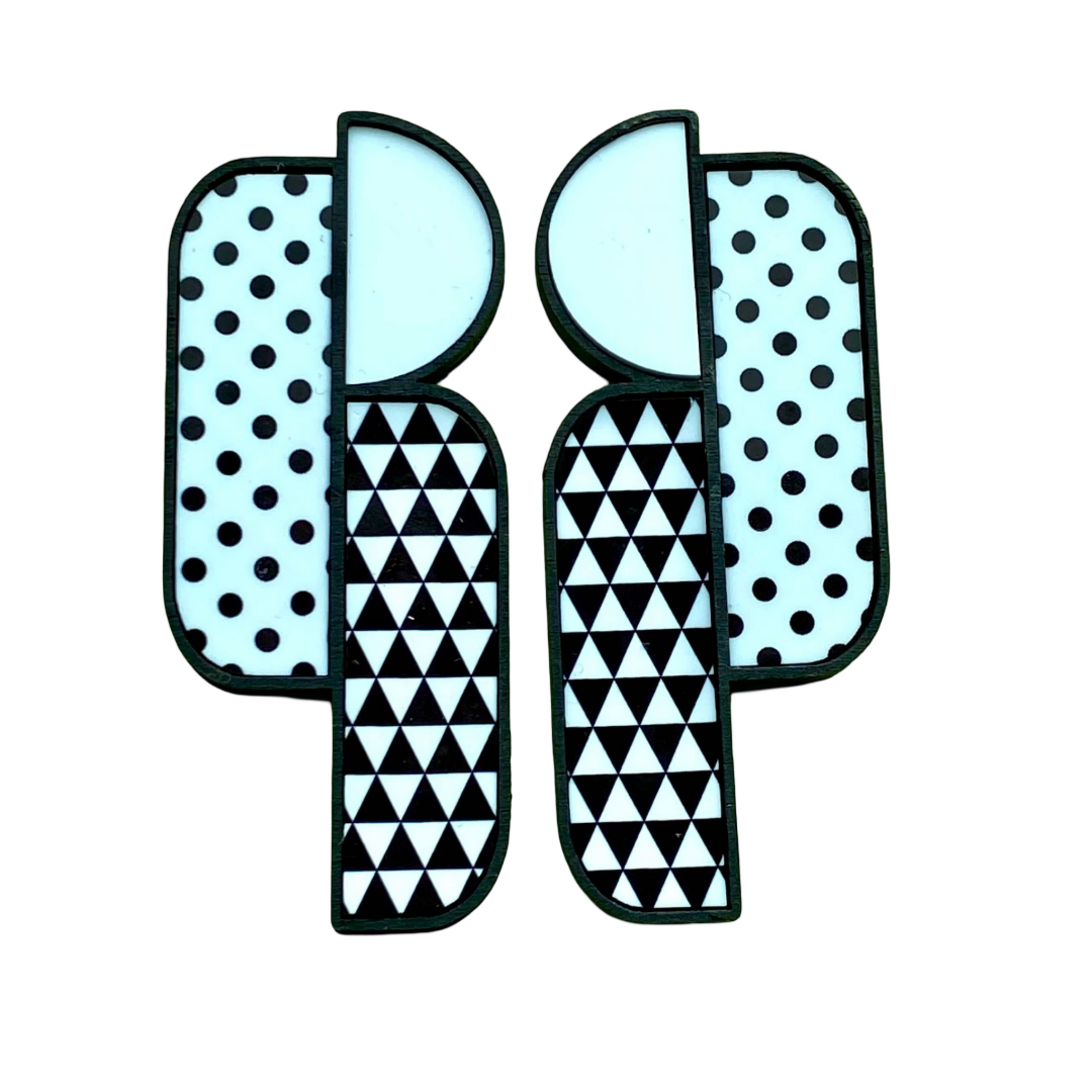 earrings with geometric patterns.