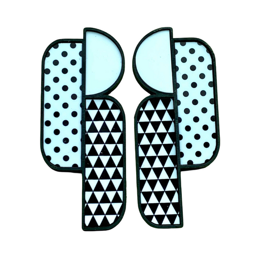 earrings with geometric patterns.
