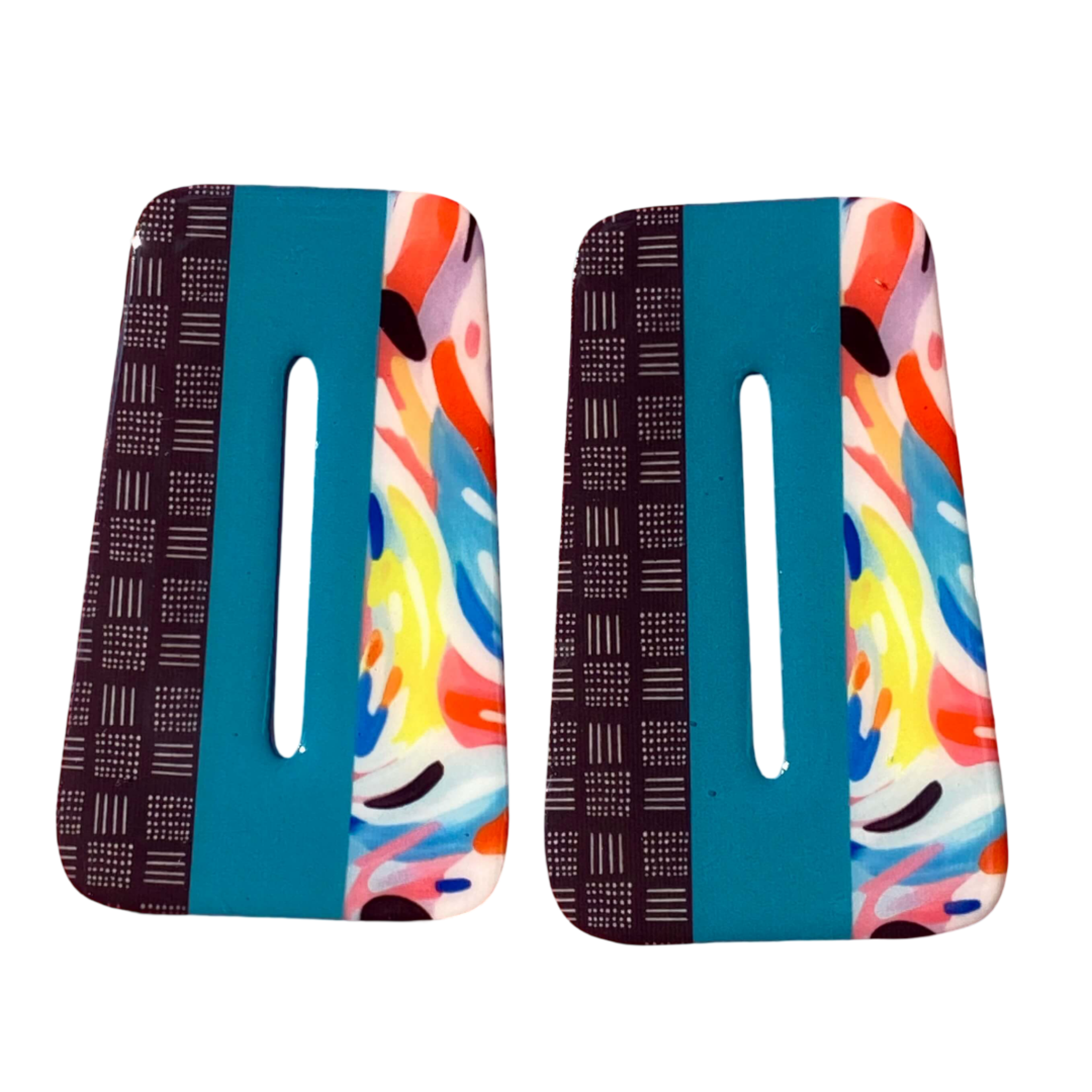 Jinx acrylic earrings in mixed collage prints.