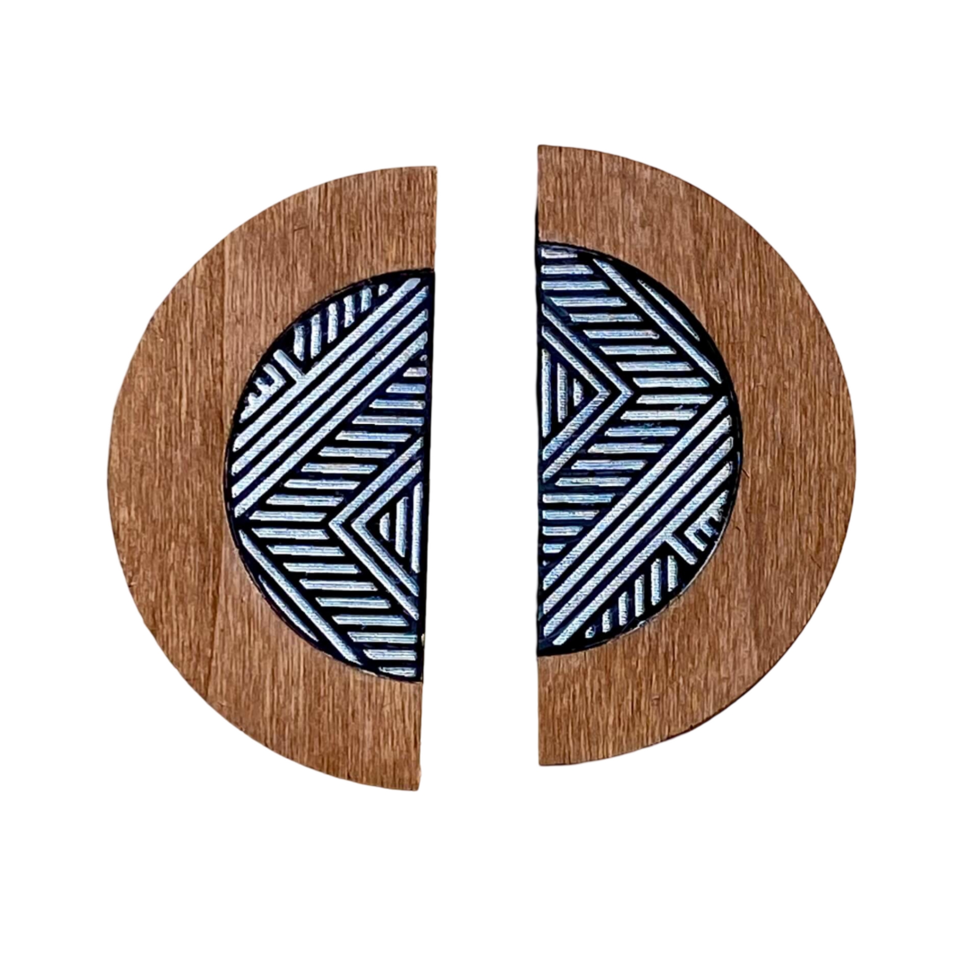 Wooden circular earrings with geometric pattern