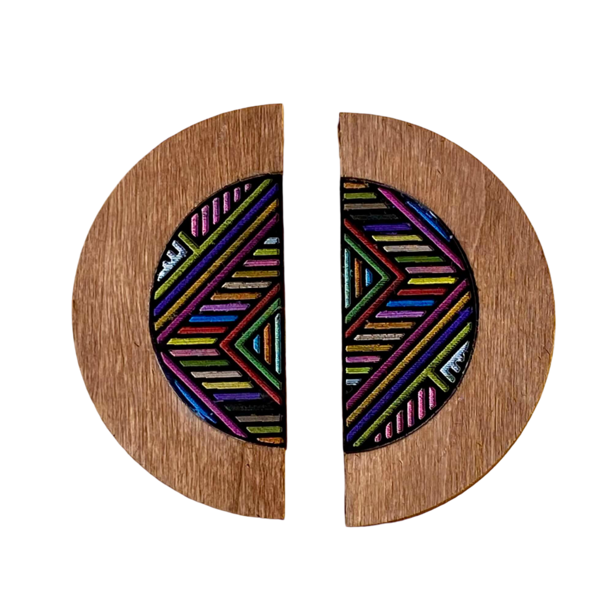 Wooden earrings with colorful geometric patterns.
