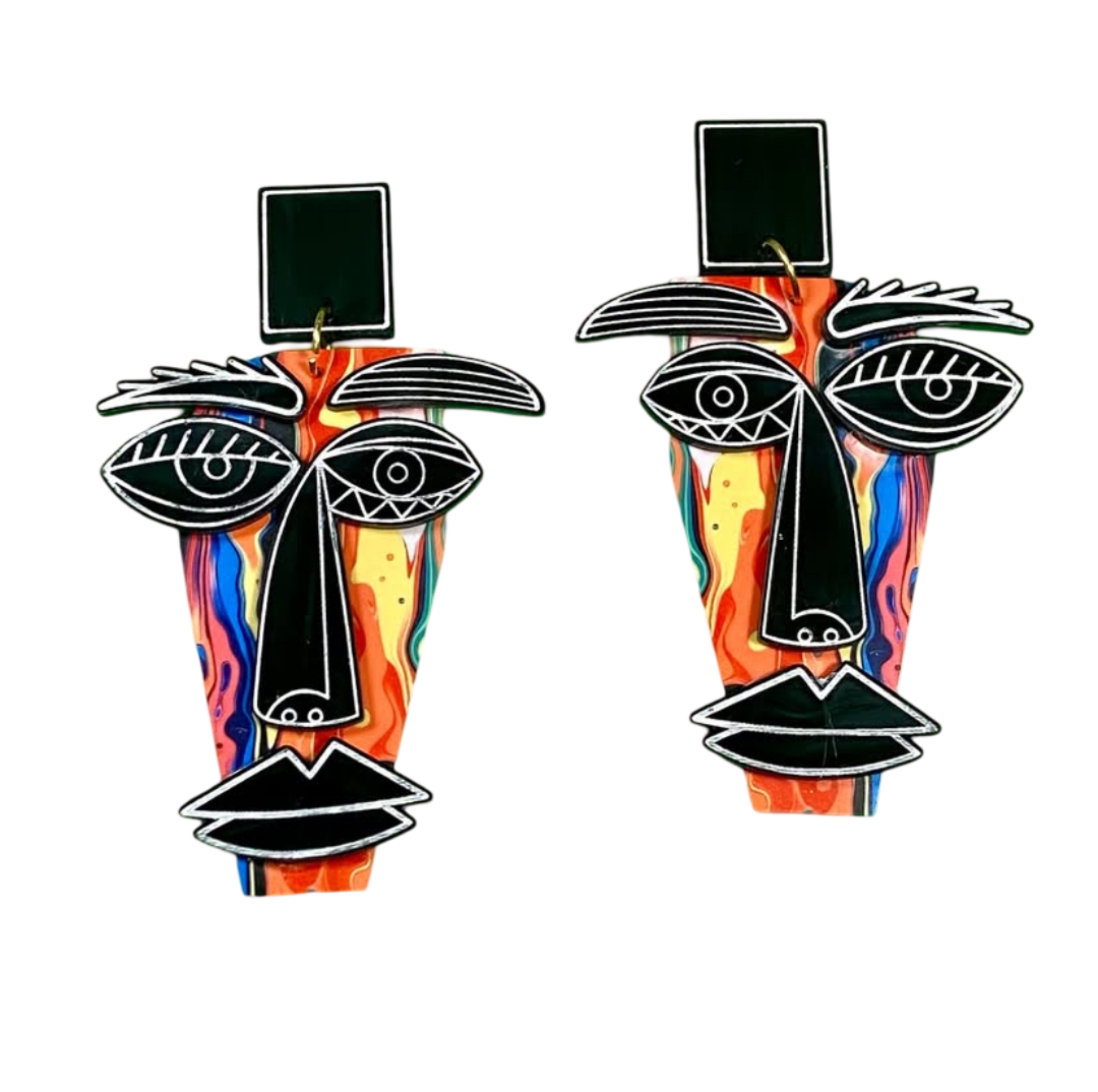 Pair of abstract earrings with colorful design.