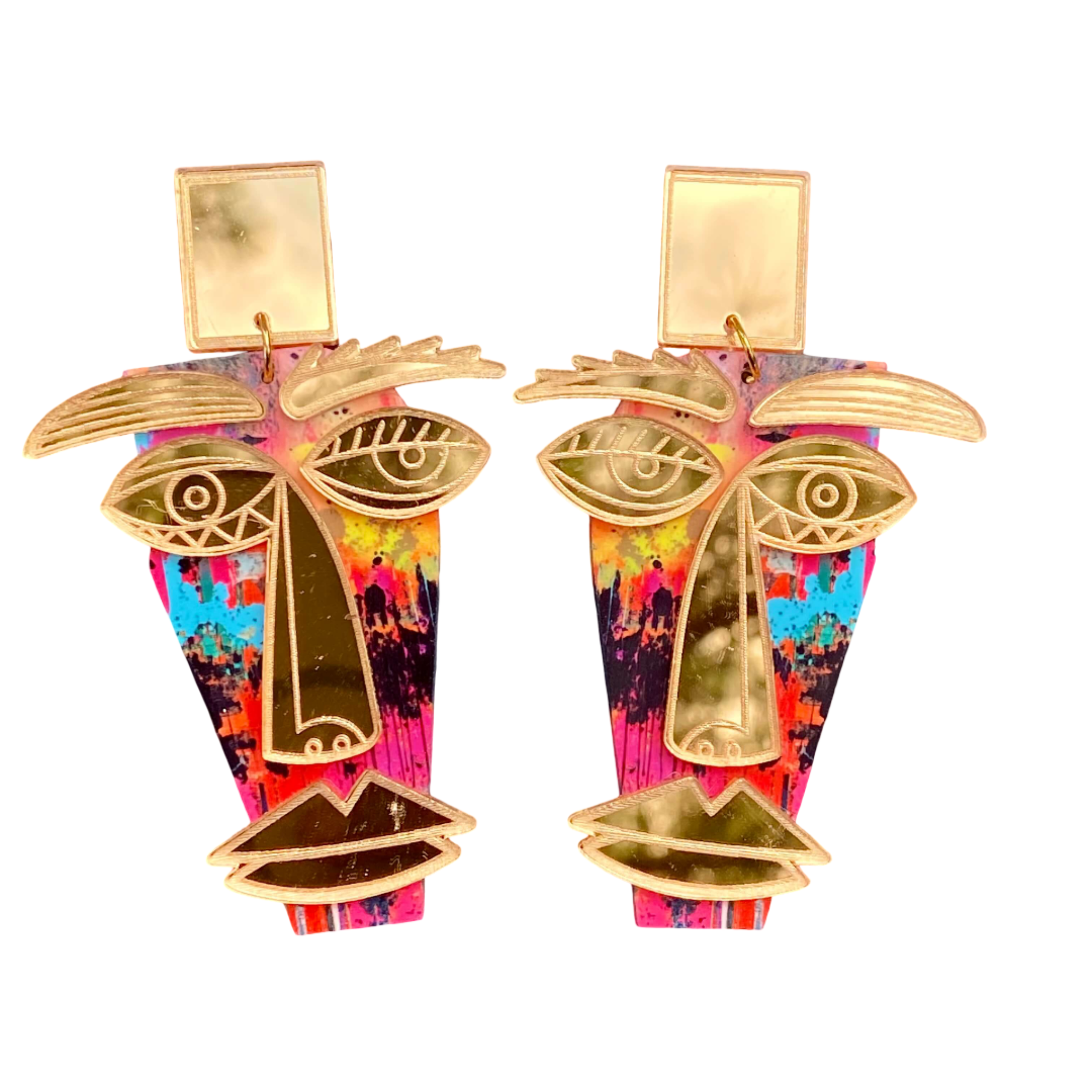 Colorful earrings with abstract designs.