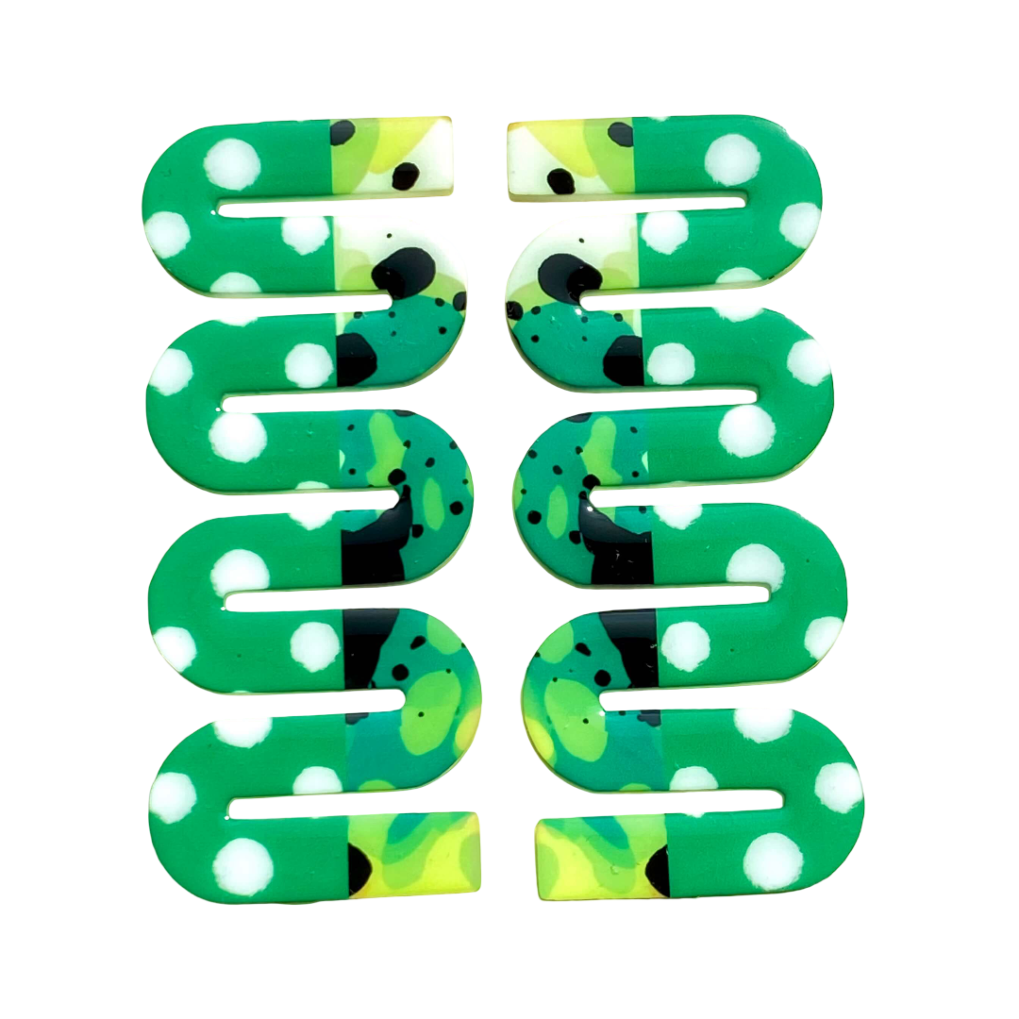 Maven acrylic earrings in green mixed prints.