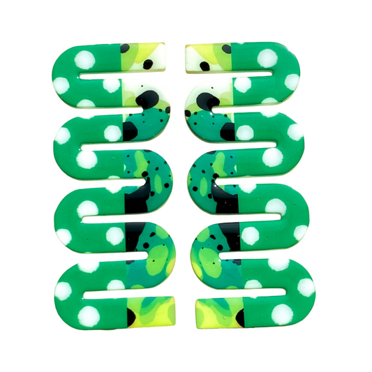 Maven acrylic earrings in green mixed prints.