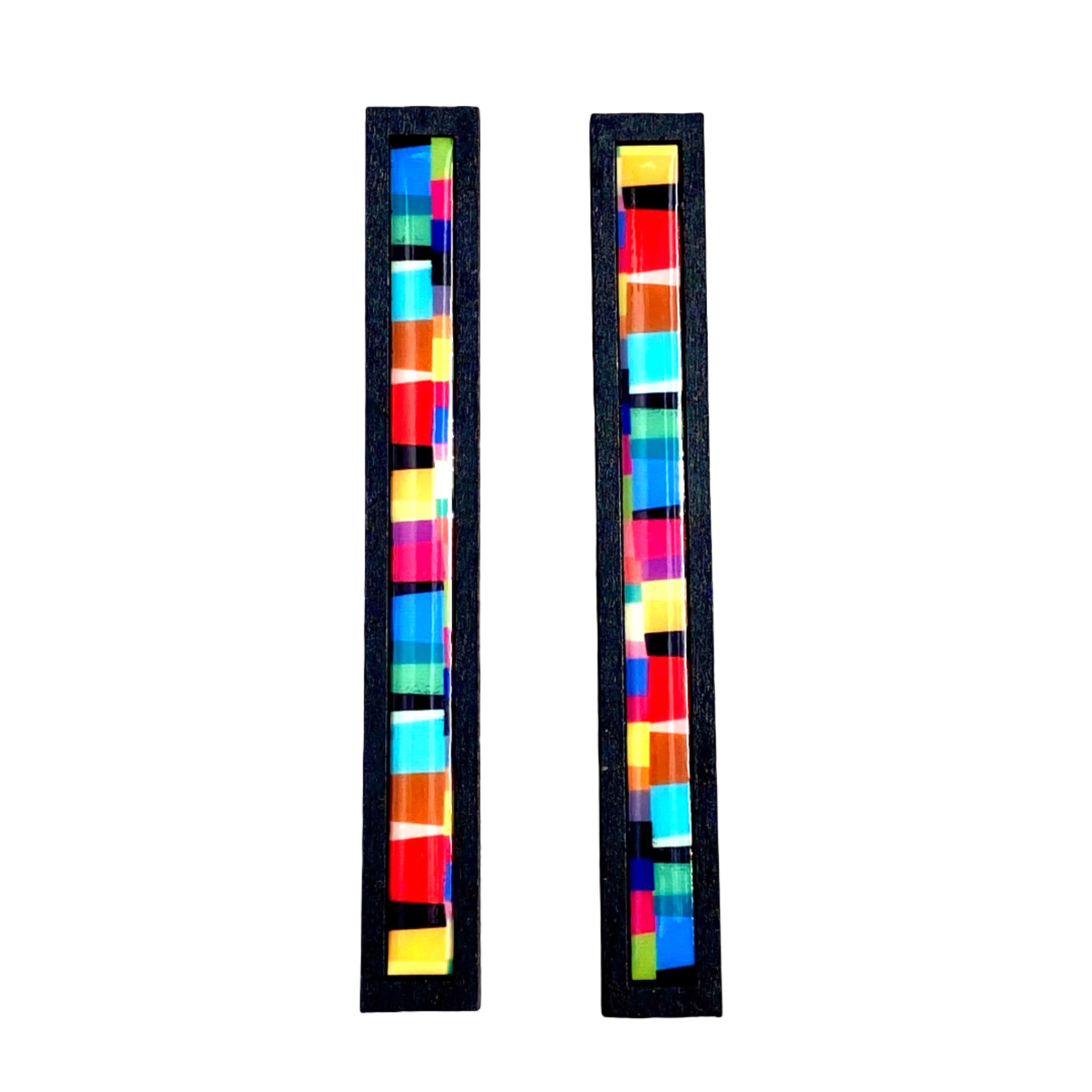 Pair of colorful rectangular earrings.