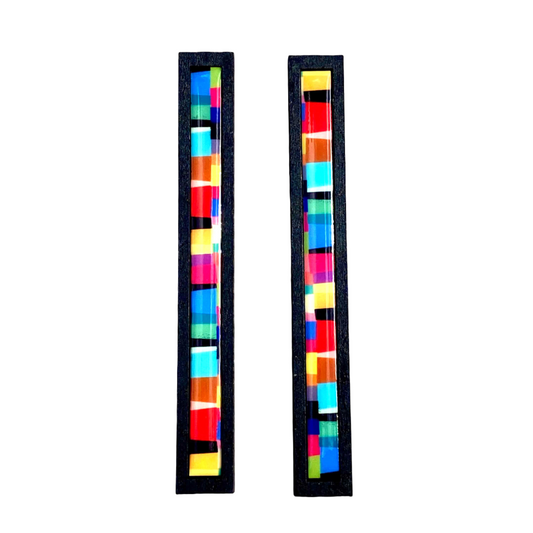 Pair of colorful rectangular earrings.
